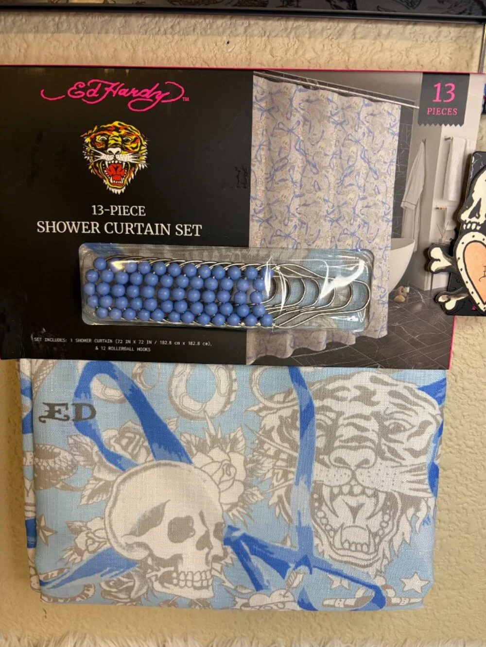 Ed Hardy Tiger Skull Tattoo Blue Shower Curtain 13 Piece Hook Set 72x72 NWT